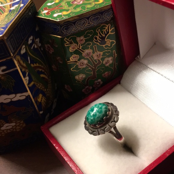 Art Deco Vintage Peking Glass Ring Mexico 925 - Picture 5 of 7